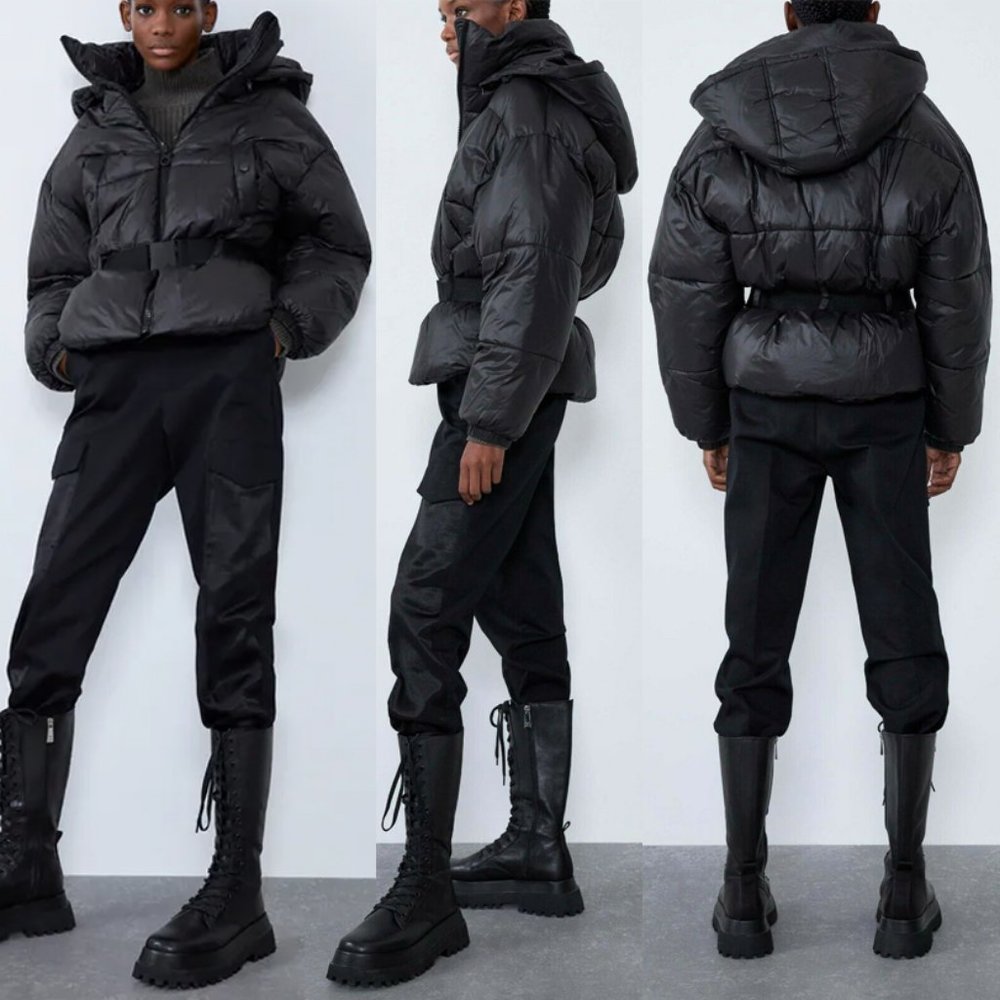 NEW Zara Black Sorona Dupont Removable Hood Soft Cozy Puffer Jacket with Belt - Picture 2 of 9